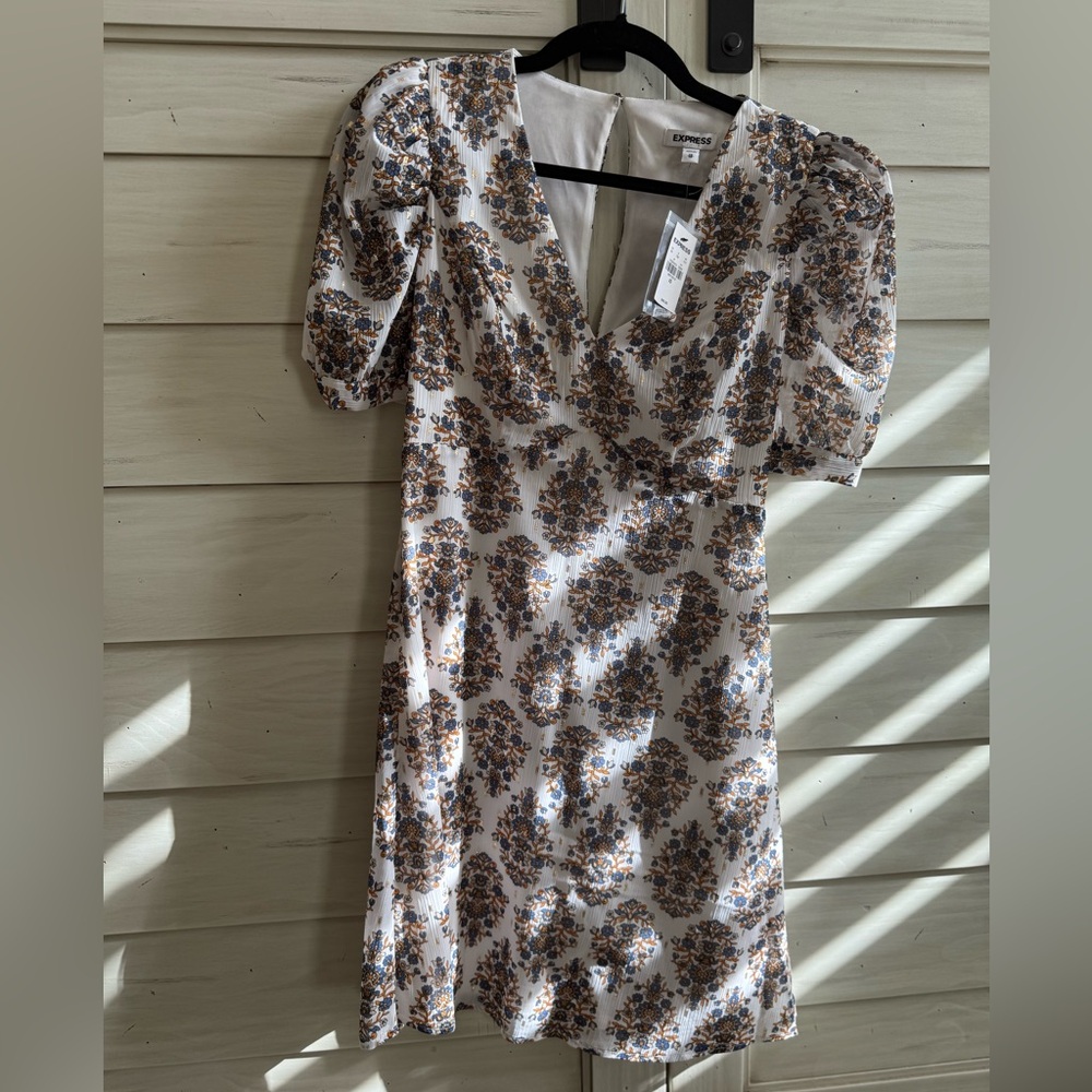 Express White and Brown Floral Mini Dress